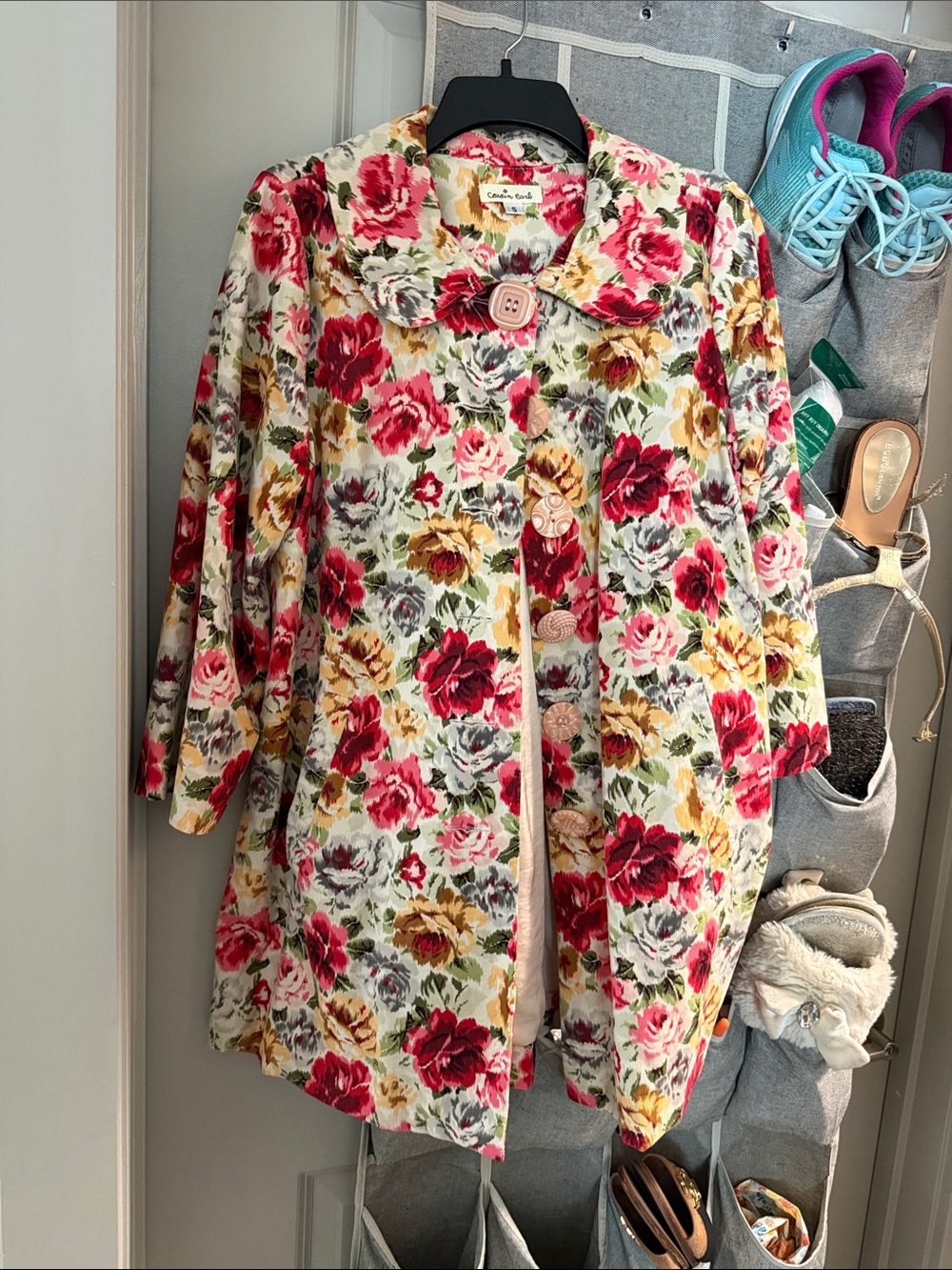 Floral Button-Front Cape Coat - Pink Multi by Cathie & Co.